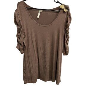 Susan Lawrence Brown Ruched Sleeve Top With Floral Accent Top Size Large
